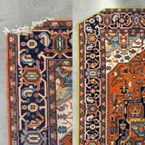 Before and after on one rug corner: a frayed, unravelling end and the same corner rebuilt and bound