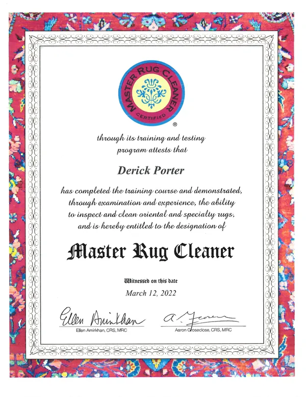 Derick Porter's Master Rug Cleaner certificate, witnessed March 12, 2022, signed by Ellen Amirkhan and Aaron Groseclose