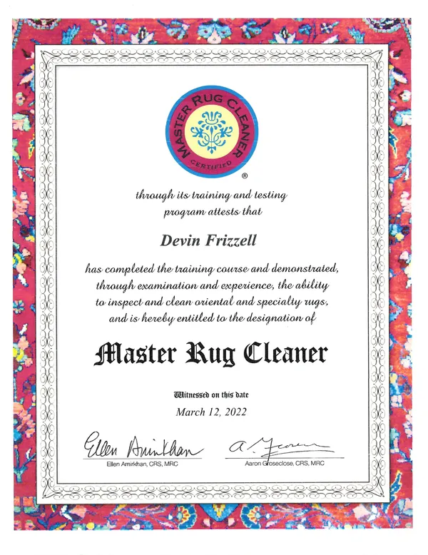 Devin Frizzell's Master Rug Cleaner certificate, witnessed March 12, 2022, signed by Ellen Amirkhan and Aaron Groseclose