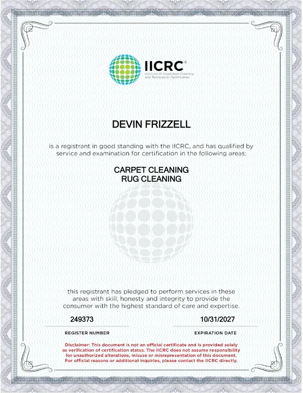 Devin Frizzell's IICRC digital verification, certified in Carpet Cleaning and Rug Cleaning, register number 249373, expiring October 31, 2027