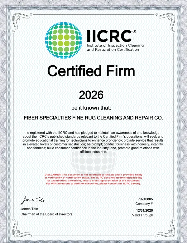 IICRC Certified Firm digital verification for Fiber Specialties Fine Rug Cleaning and Repair Co., company number 70216805, valid through December 31, 2026