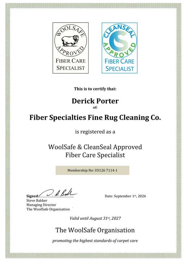 Derick Porter's WoolSafe and CleanSeal Approved Fiber Care Specialist certificate, membership number US126 7114-1, valid until August 31, 2027