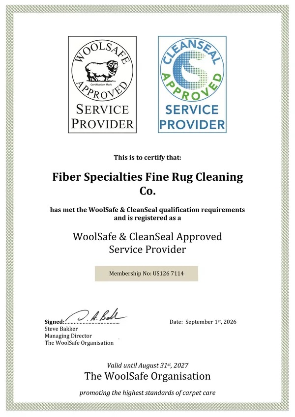 Fiber Specialties Fine Rug Cleaning Co. WoolSafe and CleanSeal Approved Service Provider certificate, membership number US126 7114, valid until August 31, 2027