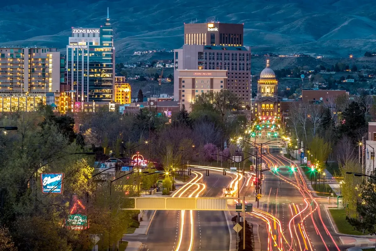 Downtown Boise, Idaho skyline at dusk with the State Capitol