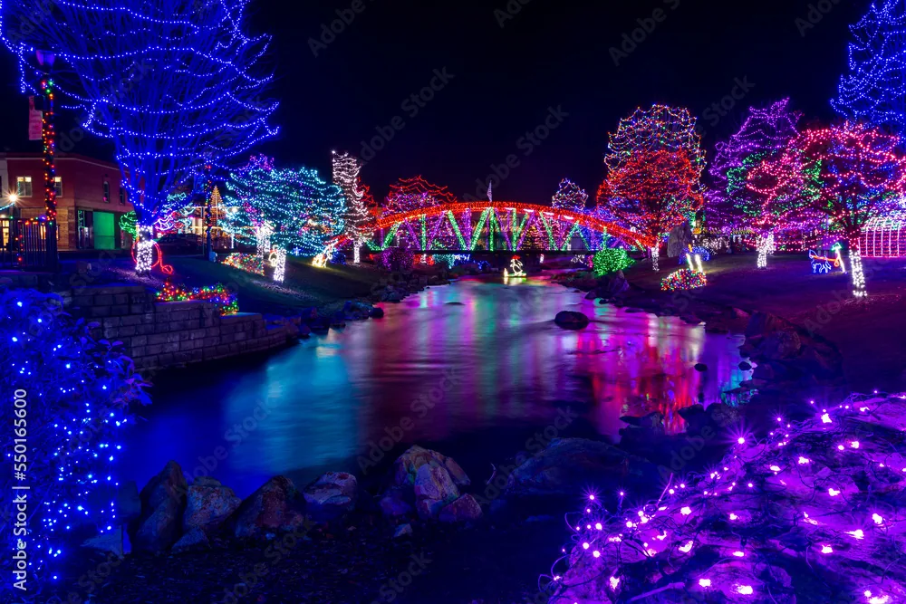 Downtown Caldwell, Idaho lit along Indian Creek at night