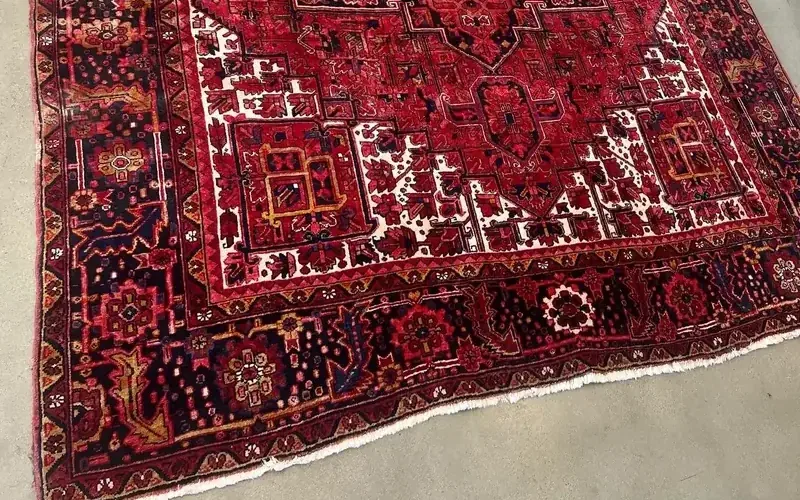 A hand-knotted Heriz Persian wool rug full-immersion washed at the Fiber Specialties Boise facility, after