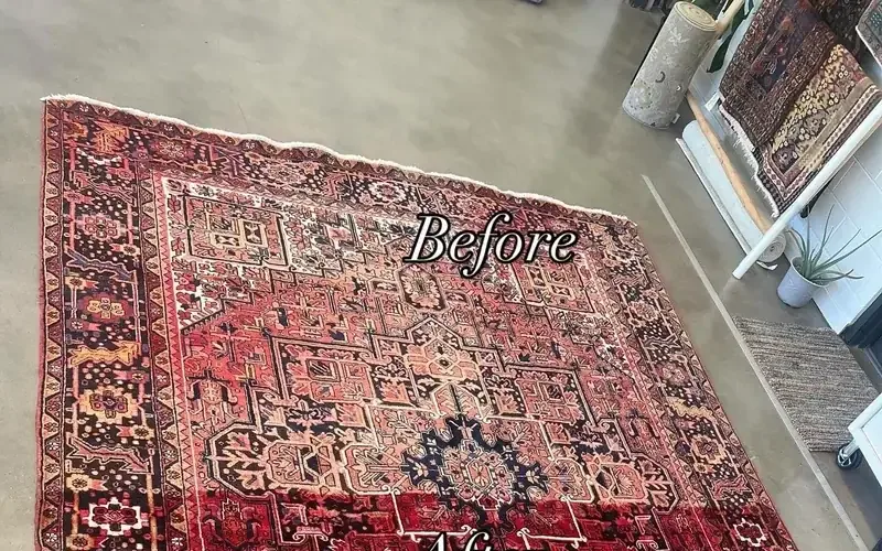 A hand-knotted Heriz Persian wool rug full-immersion washed at the Fiber Specialties Boise facility, before