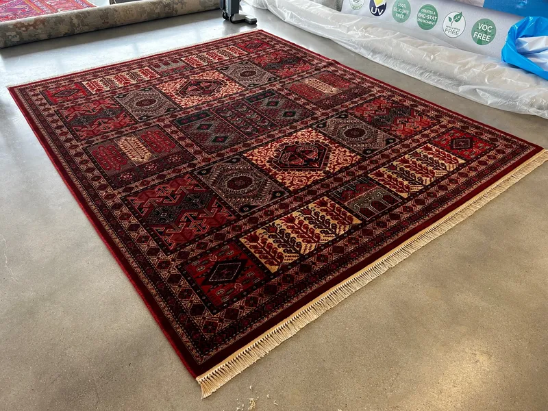 A Belgian machine-made rug in a Bokhara design at the Fiber Specialties Boise shop