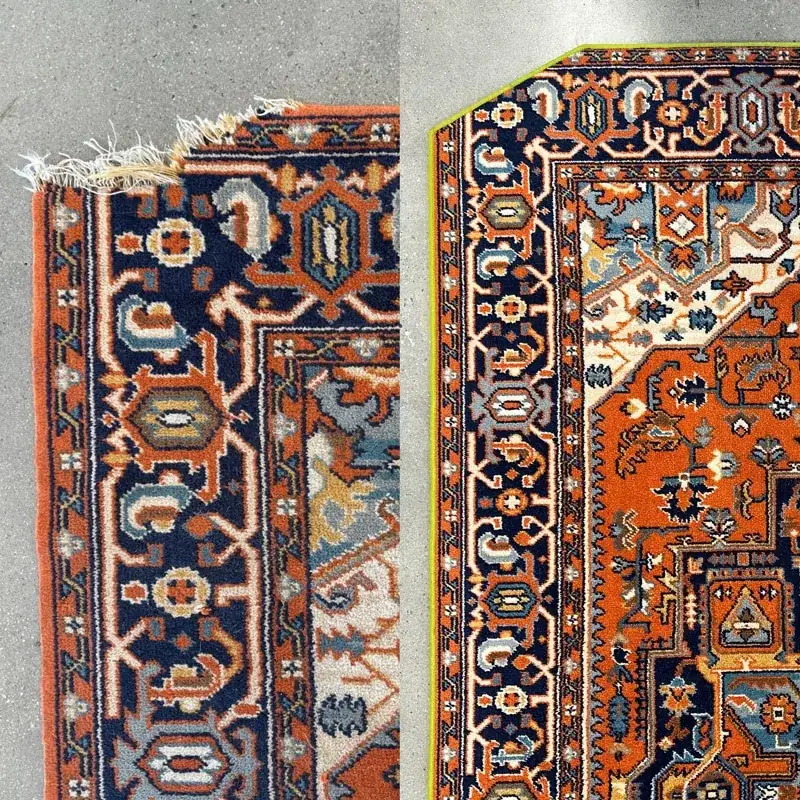 Before and after on one rug corner: a frayed, unravelling end on the left and the same corner rebuilt and finished on the right