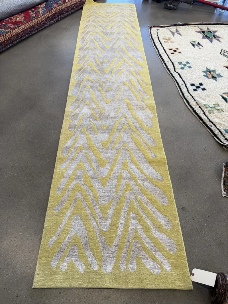 A modern Tibetan runner in wool and silk at the Fiber Specialties Boise shop