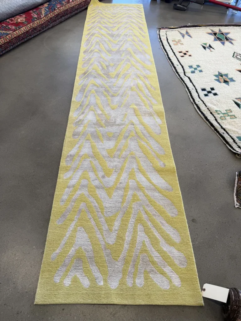 A modern Tibetan runner in wool and silk at the Fiber Specialties Boise shop